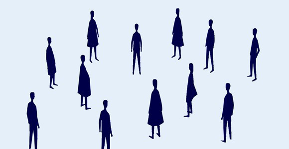 Twelve dark navy silhouettes of standing people scattered across a light blue background, in varied poses and clothing (some in coats, some standing straight).