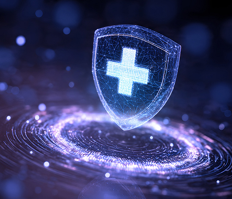 An abstract image of a glowing security shield digital logo hovering a board with circular digital streak of lights