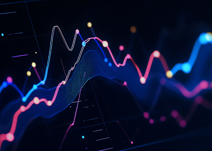 An abstract image of colorful neon light waves against a dark background