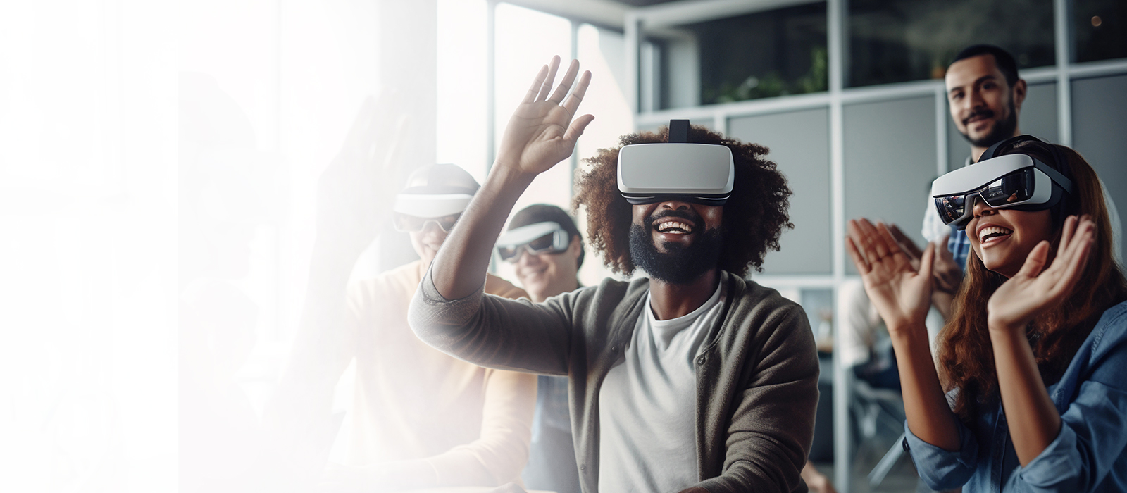 A group of men and women wearing virtual reality headset and having a good time.