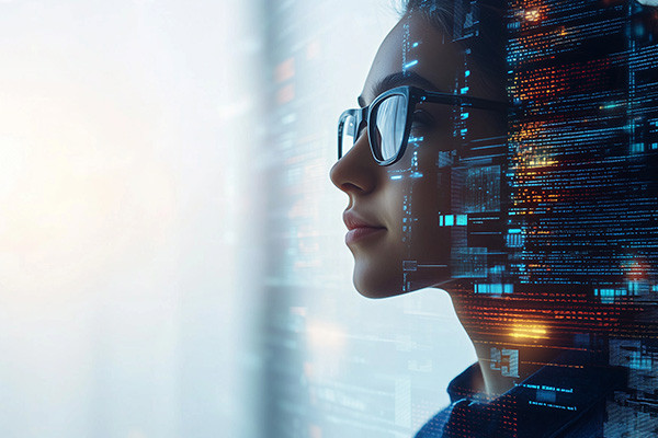 A woman with glasses intently gazes at a computer screen, focused on her work or research.