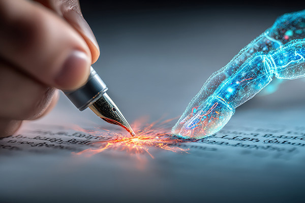 A hand holding a pen writes on a sheet of paper illuminated by a soft light source.