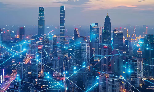 illuminated blue network connectivity line on city