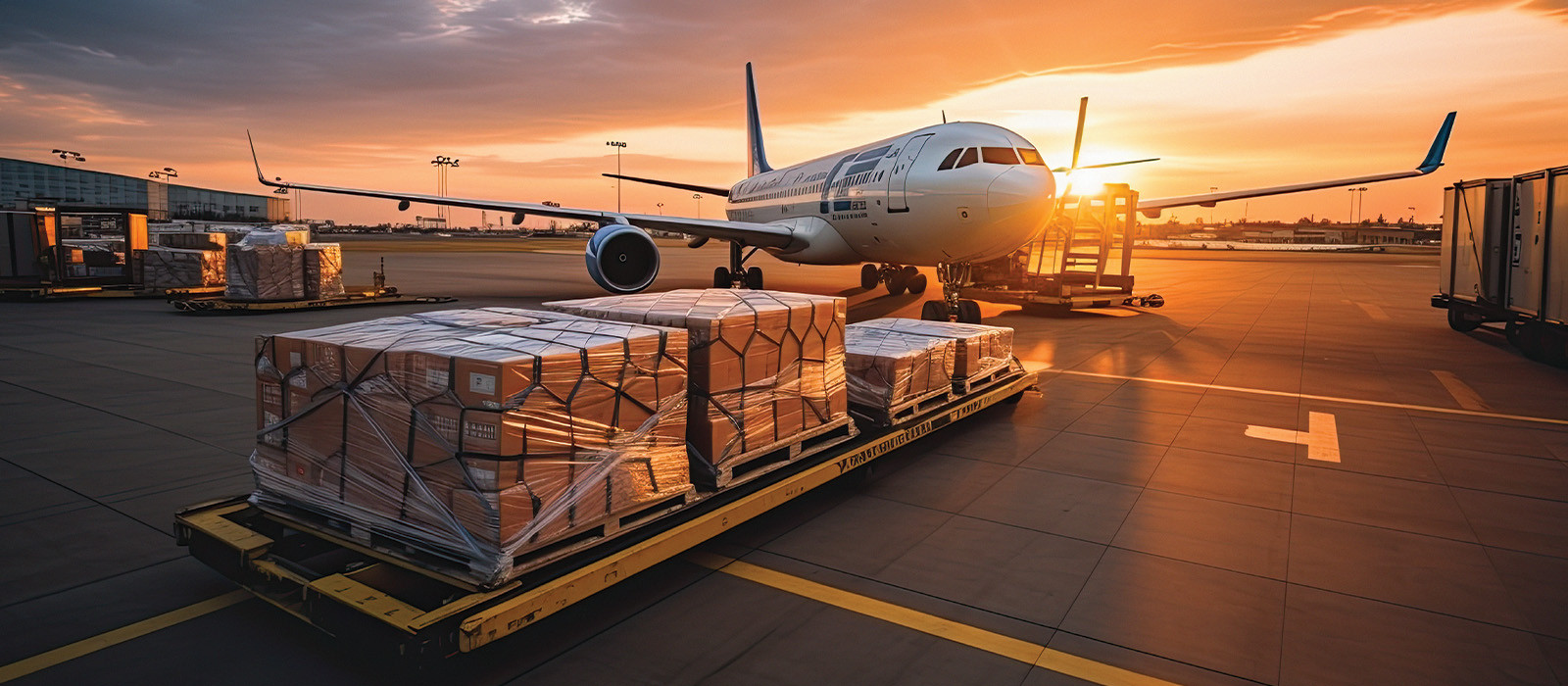 A freight airplane ready to be loaded with carton boxes