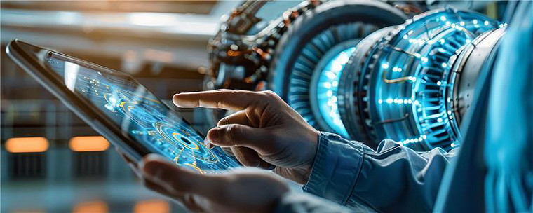 A hand holding onto a tablet with a computerized hardware in background.
