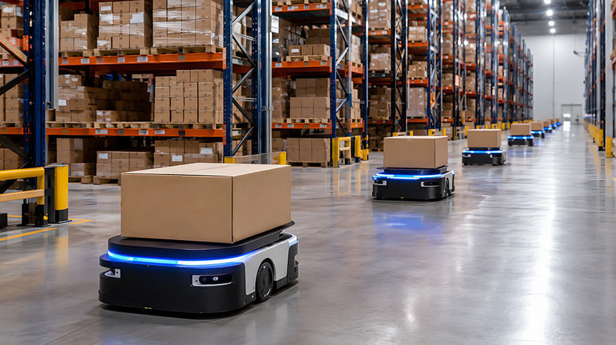 Warehouse robots transporting boxes between storage racks.