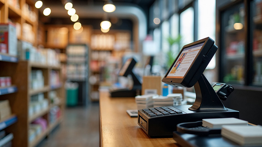 Touchscreen checkout terminal on a retail store counter.