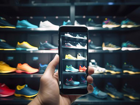 A hand holding out a smartphone with an image of sports shoes displaying on it