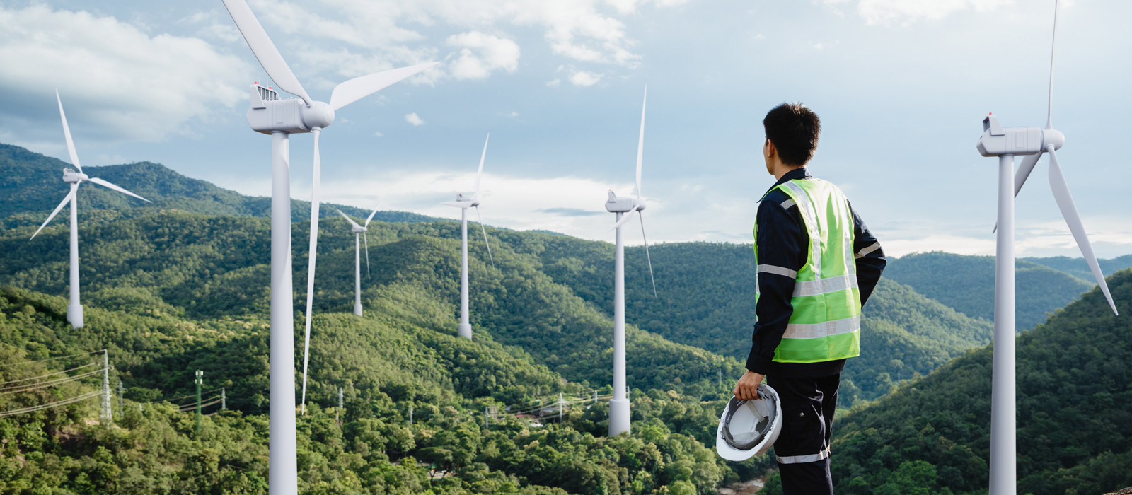 worker surveying wind turbines