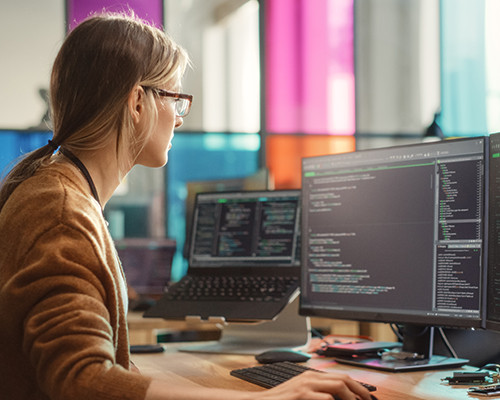 Lady seated and working at a computer