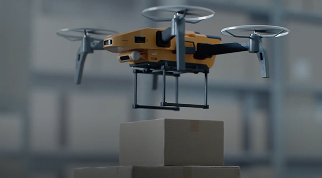 A drone carrying a package for delivery.