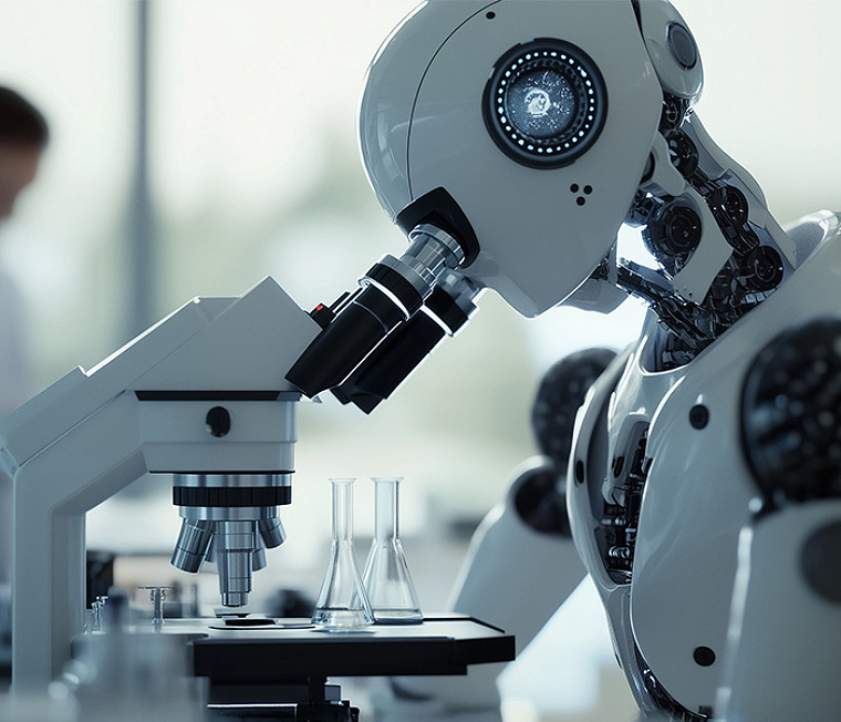 A robot looking into a microscope