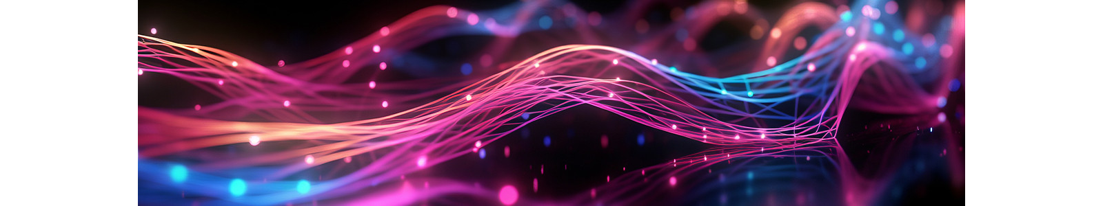 Abstract image of intertwining colorful neon lights and lines on a dark background.