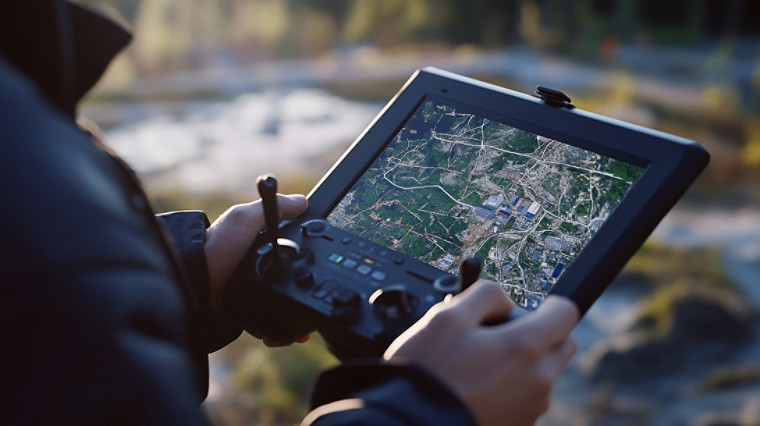 Topógrafo examinando la topografía del terreno con un controlador de dron