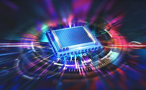 An illuminated digital chip against an abstract illuminated circular background