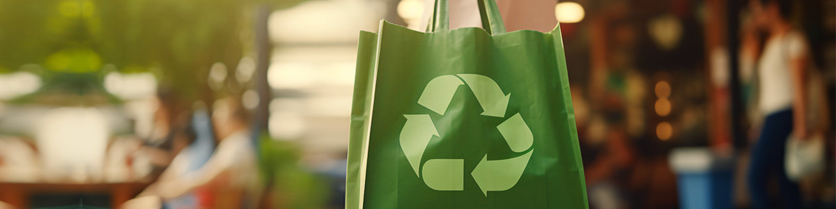 A green color paper bag with recycle symbol on it.