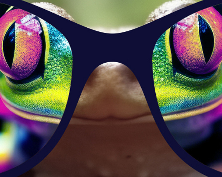 Closeup view of frog with fashionable sunglasses