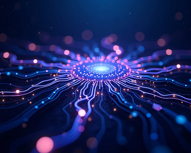 Glowing futuristic microchip with radiating neon circuit pathways.