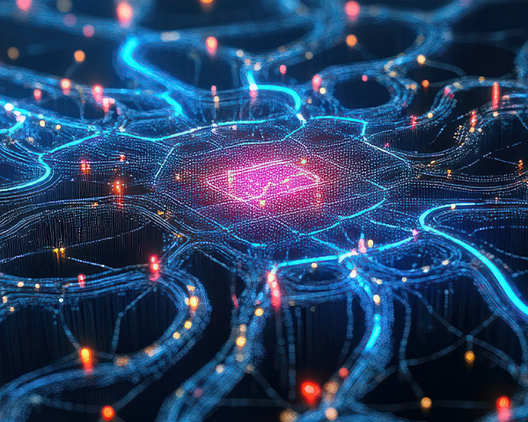 Futuristic glowing network grid with interconnected nodes and pathways Provide your feedback on BizChat