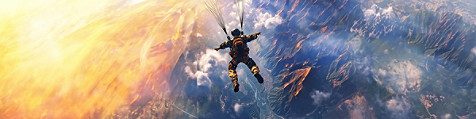 a man wearing a parachute falling far above a mountain