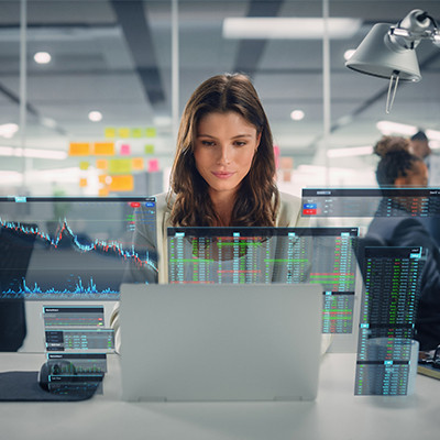 A woman working on a virtual laptop