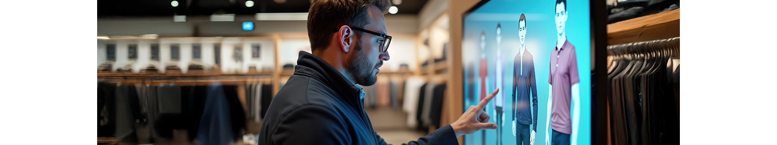A customer interacting with a smart digital screen in a retail store