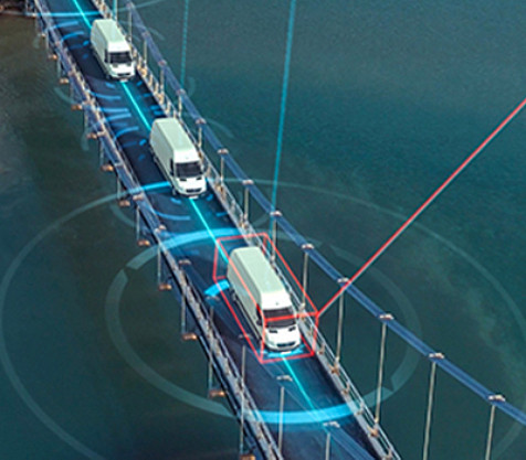 Vehicles crossing a bridge with digital connectivity