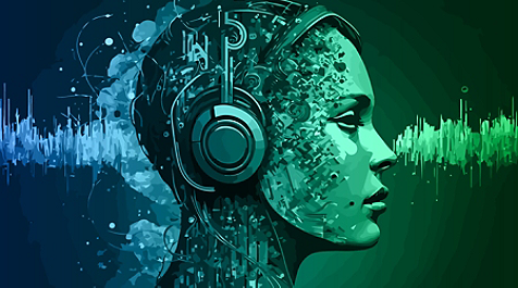 Et digitalt bilde av et ansikt i profil med hodetelefoner på og grafisk representasjon av lydbølger i bakgrunnen
