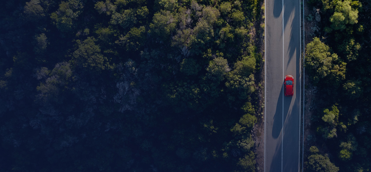 A bird's eye view of an electric car going through a road between a forest
