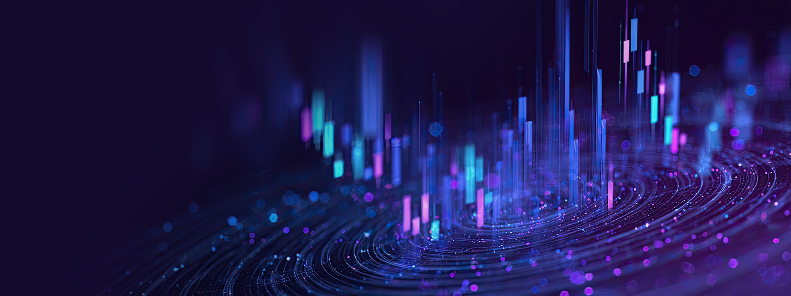 Abstract digital chart with glowing data bars and circular grid lines