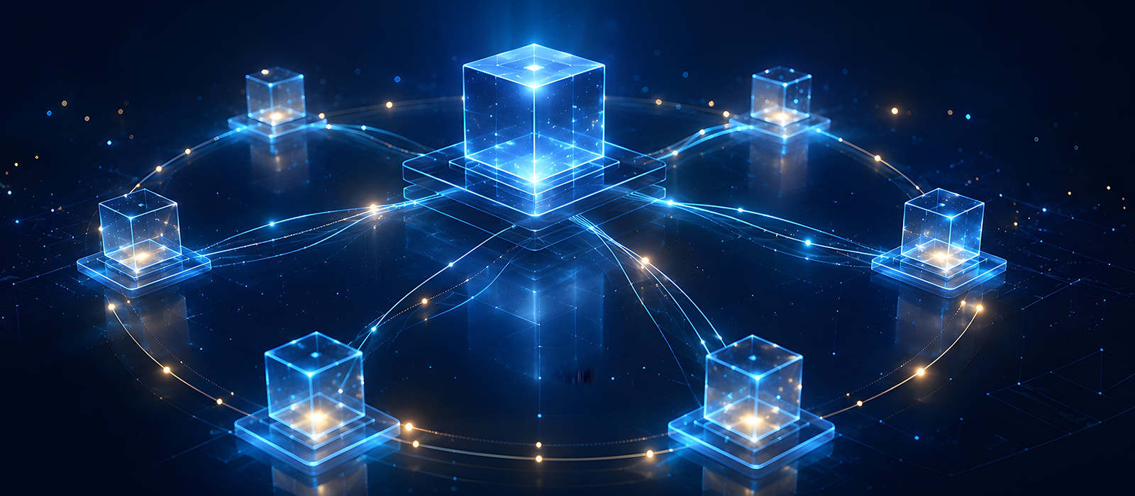 Glowing interconnected cubes forming a futuristic digital network.