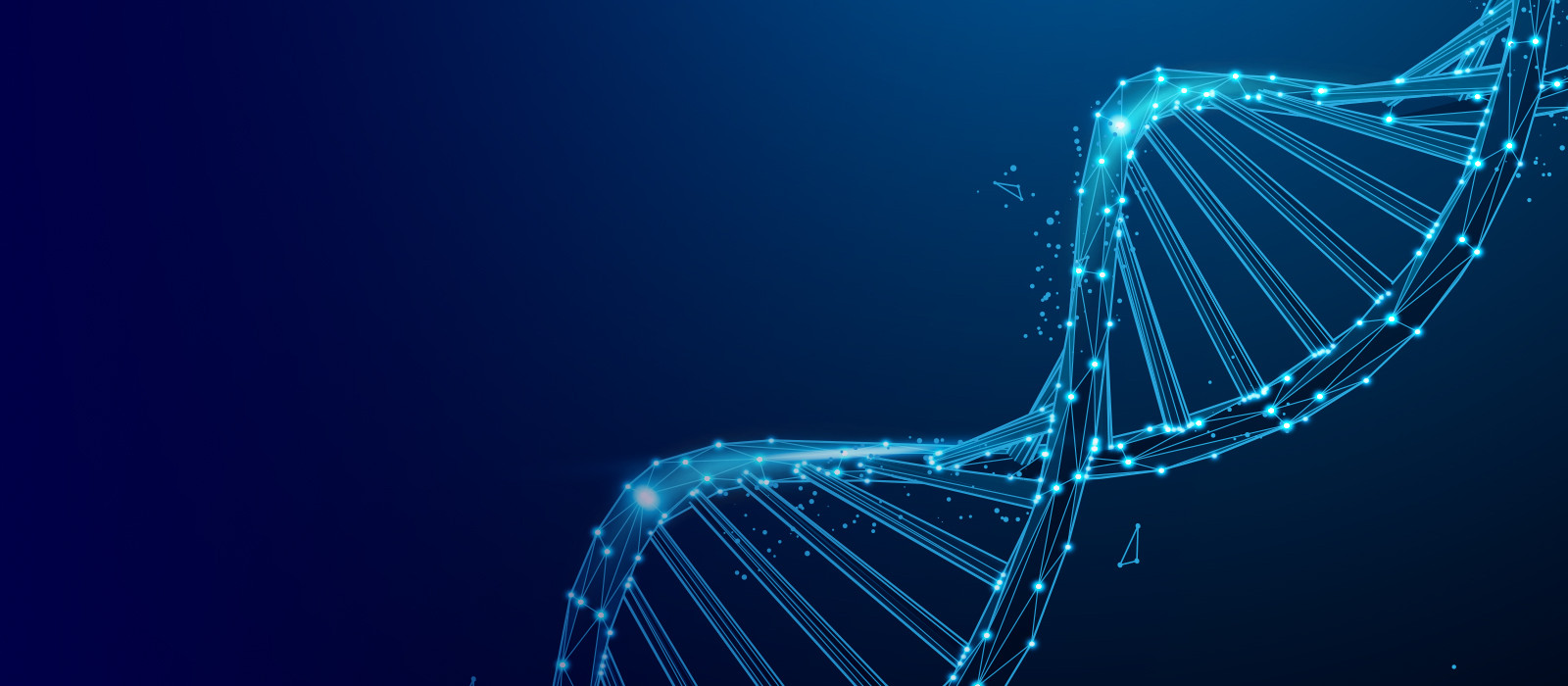 Abstraktes digitales Wellenbild mit Punkten und Linien auf dunkelblauem Hintergrund, das DNA ähnelt