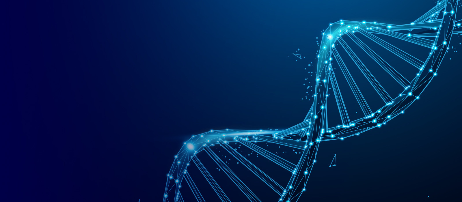 Abstract digital wavy image with dots and lines in dark blue background resembling DNA