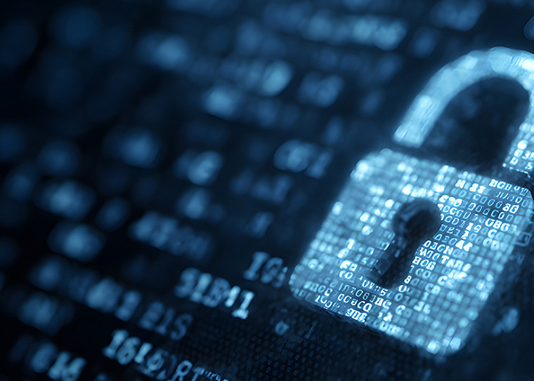 Digital padlock icon formed from binary code and data characters, set against a blurred backdrop of glowing blue code, symbolizing cybersecurity and data protection.