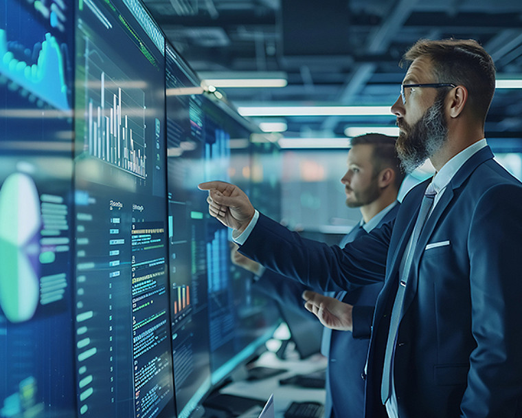 Professionals analyzing AI dashboards on large interactive displays.