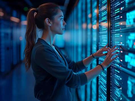 A young woman standing and working on a digital screen