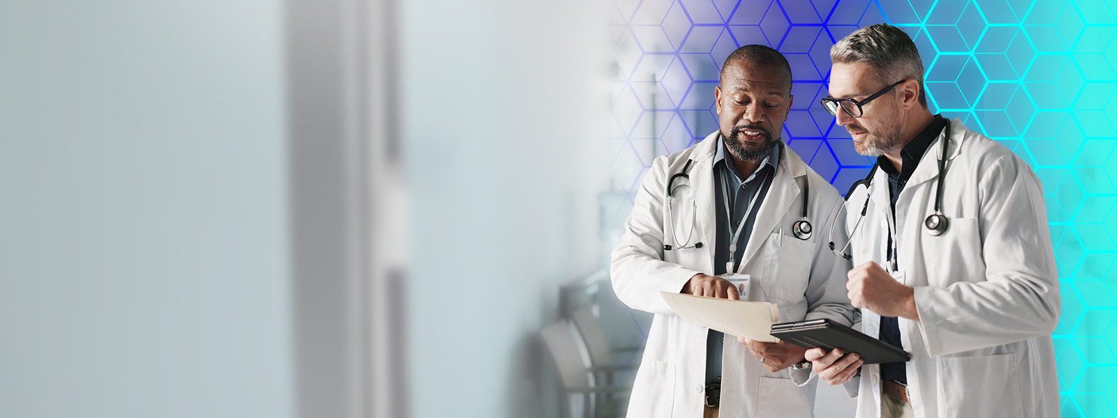 Two healthcare professionals discussing beside hospital with digital overlay.