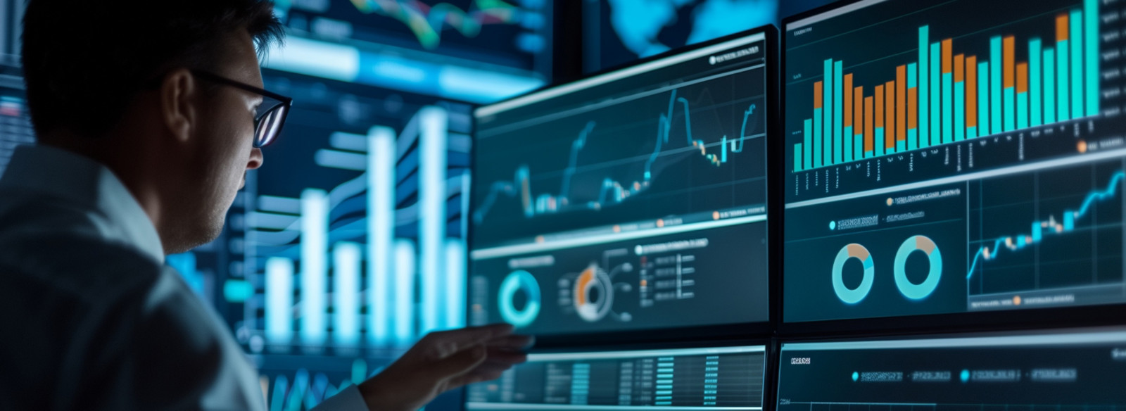 A person interacting with multiple digital screens showing graphs.