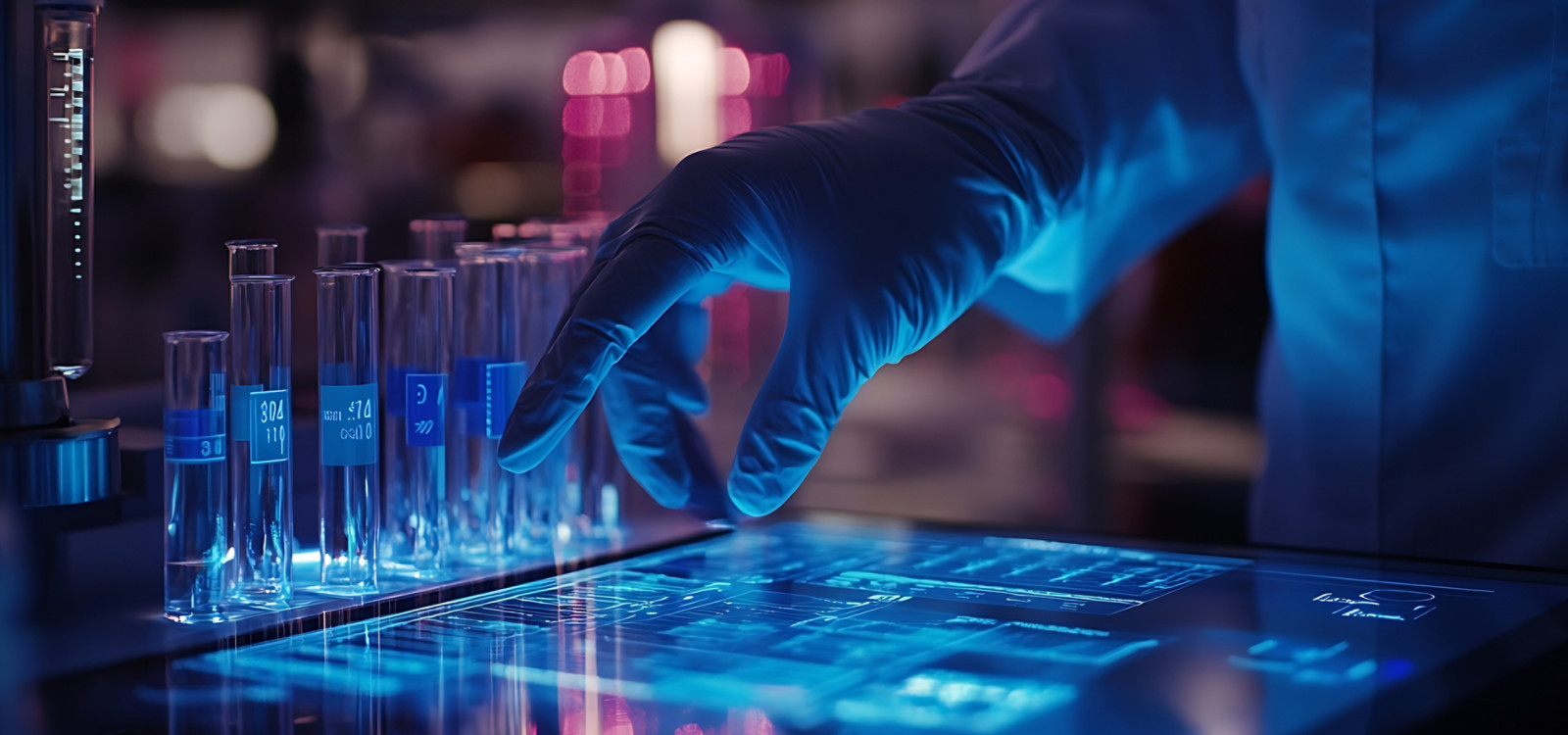 An image of a gloved hand touching a digital screen on a table with test tubes lined up next to it  