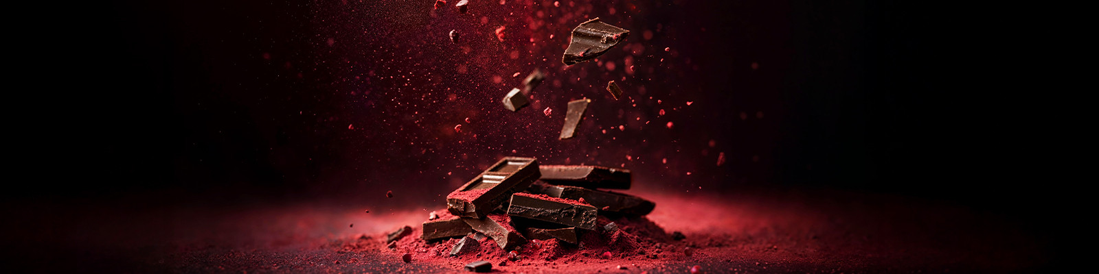 Dark chocolate pieces falling and breaking apart onto a pile of chocolate pieces and reddish cocoa powder against a dark background.