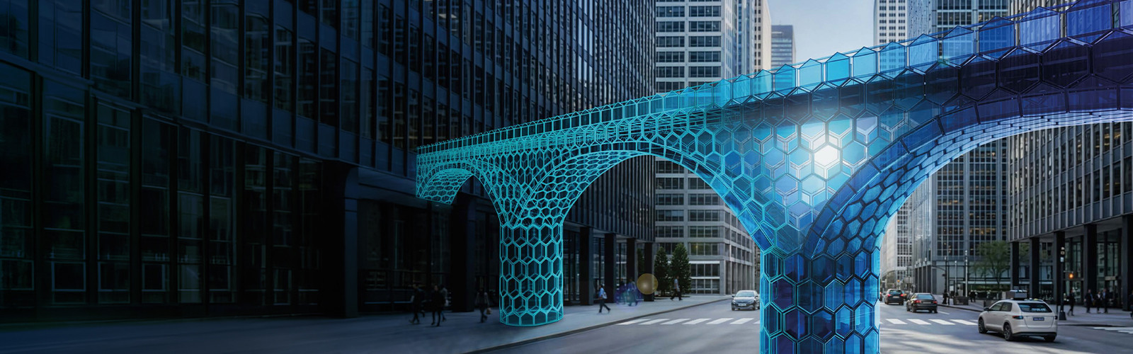Futuristic blue hexagonal digital structure spanning a city street between modern office buildings, representing connected infrastructure and smart urban innovation.