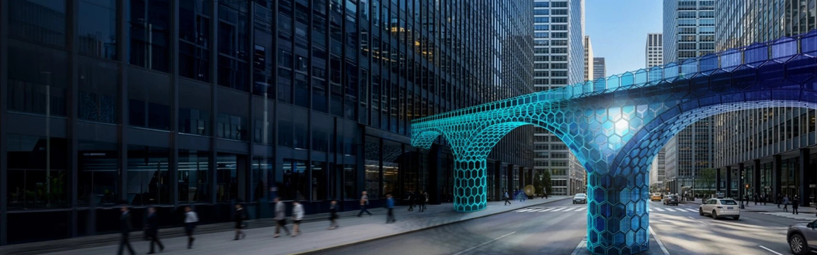 Modern elevated pedestrian walkways connecting city buildings above a busy urban street.
