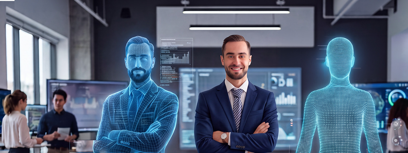 Business professional flanked by holographic digital avatars in office.