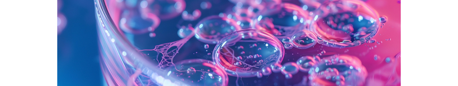 Colorful bubbles with intricate reflections floating in a viscous liquid with a pink and blue gradient background.