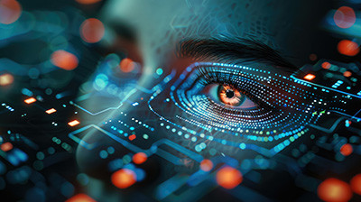 Un visage robotisé en surimpression sur un tableau de bord technologique.