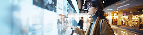 Woman browsing a product on a screen in a mall