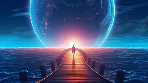 person walking down a pier in space