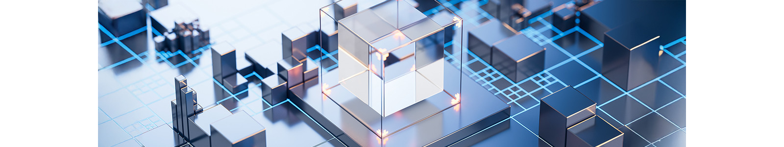 Cubes, rectangular and square glass structures placed on a PCB board like plate