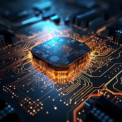 A close-up view of a glowing circuit board