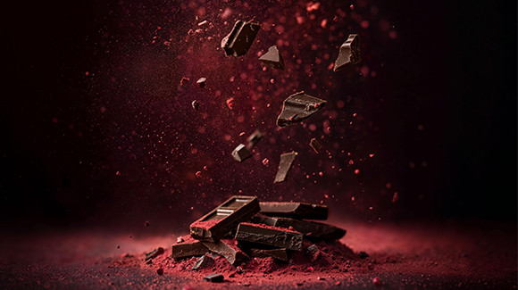 Dark chocolate pieces breaking apart in midair, highlighting premium cocoa ingredients and chocolate production.